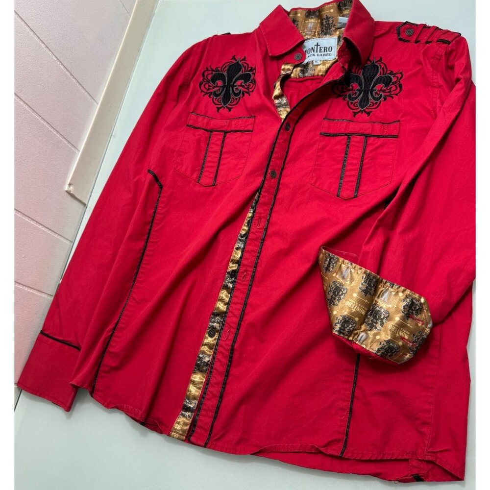 Vintage Y2K Montero Black Label Shirt Men XL Flip Cuff Embroidered Military Red